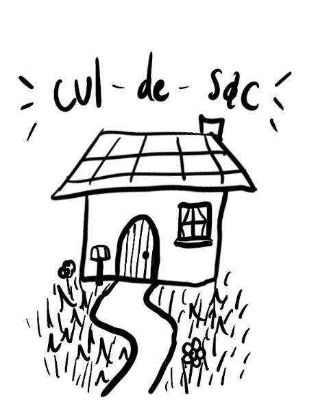 In this hand-drawn sketch of the logo, a curved pathway leads to the front door of a small cottage. Cartoonish grass and flowers line the path. A mailbox stands next to the door. The cottage has a thatched roof, a chimney and a window with curtains. Above